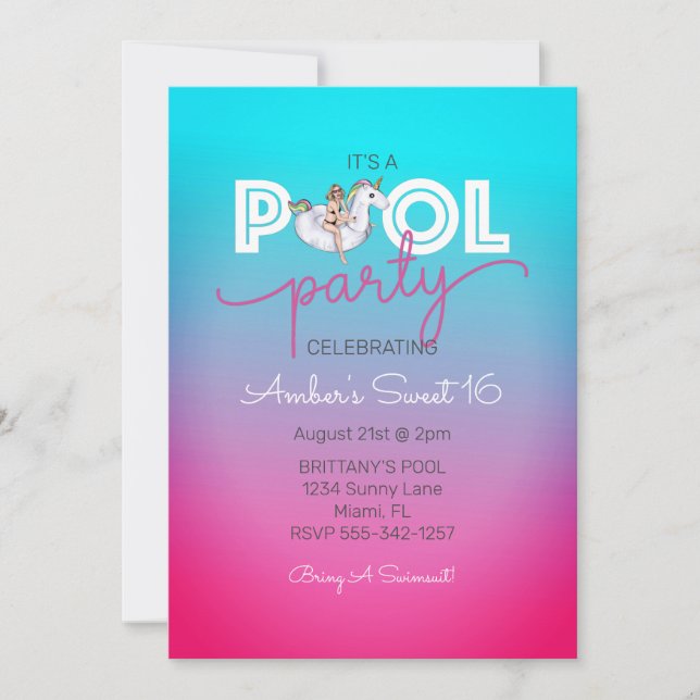 Unicorn Pool Party Summer Sweet 16 Birthday Party Invitation (Front)