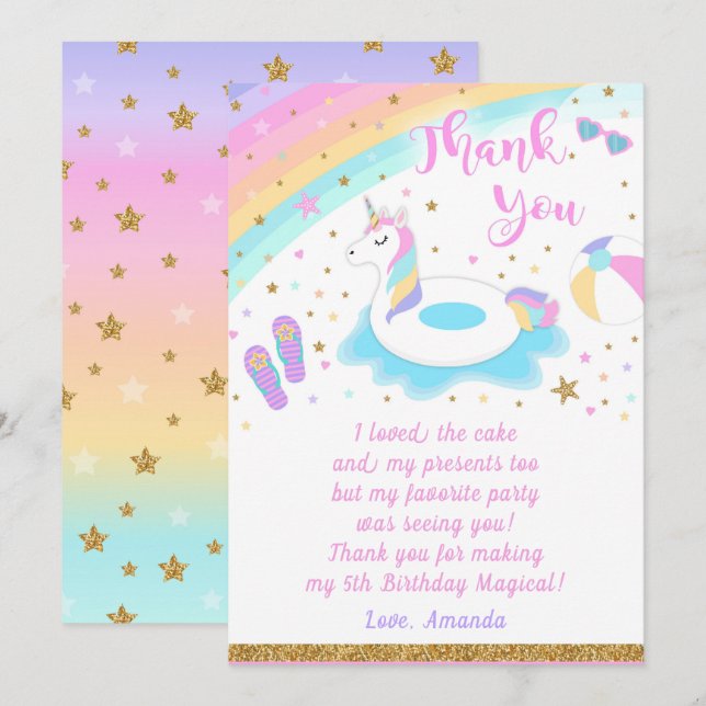 Unicorn Pool Party Thank You Card (Front/Back)