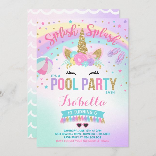 Unicorn Pool Pool Invitation Pool Anniversaire (Devant / Derrière)