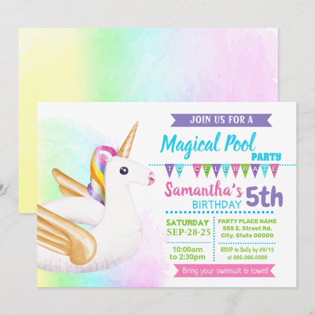 Unicorn pool summer birthday party pastel rainbow invitation (Front/Back)