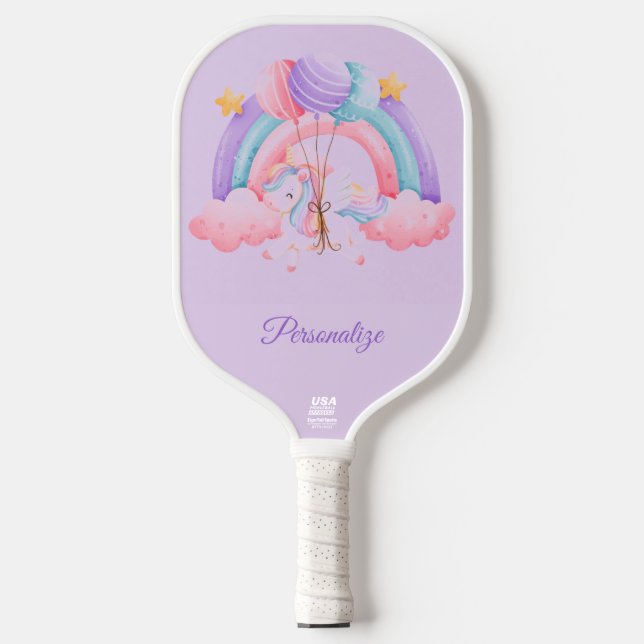 Unicorn Pretty Pastel Rainbow Balloon Official USA Pickleball Paddle (Front)