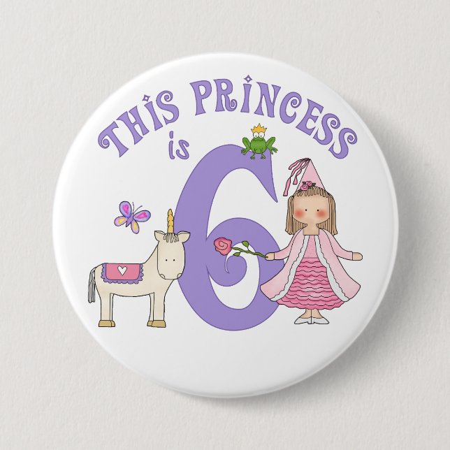 Unicorn Princess 6th Birthday 3 Inch Round Button (Front)