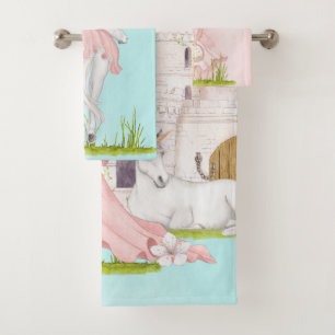 Unicorn Princess Castle Pink Blue  Bath Towel Set