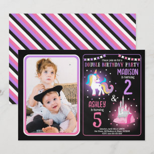 Unicorn Princess Girl Siblings Joint Birthday Invitation