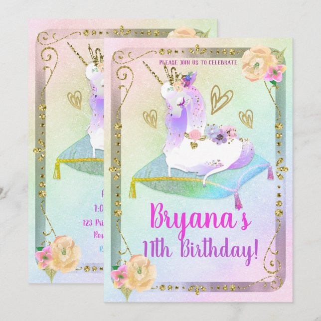Unicorn Princess Iridescent Rainbow Pastel Party Invitation (Front/Back)