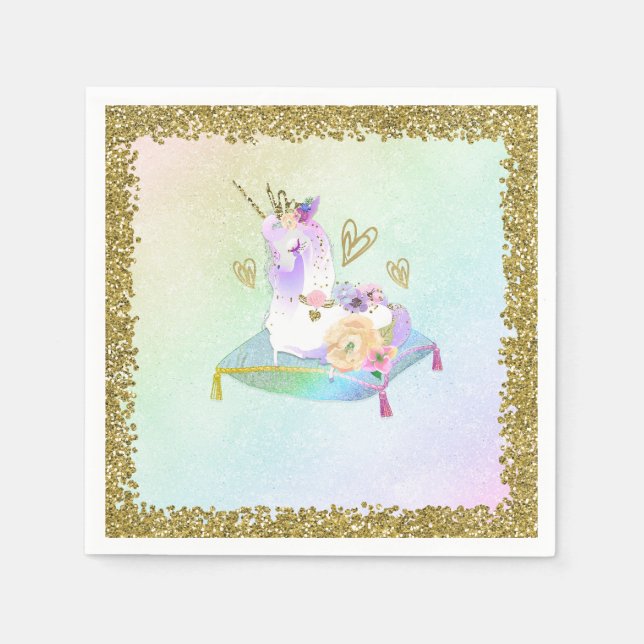 Unicorn Princess Iridescent Rainbow Pastel Party Napkin (Front)