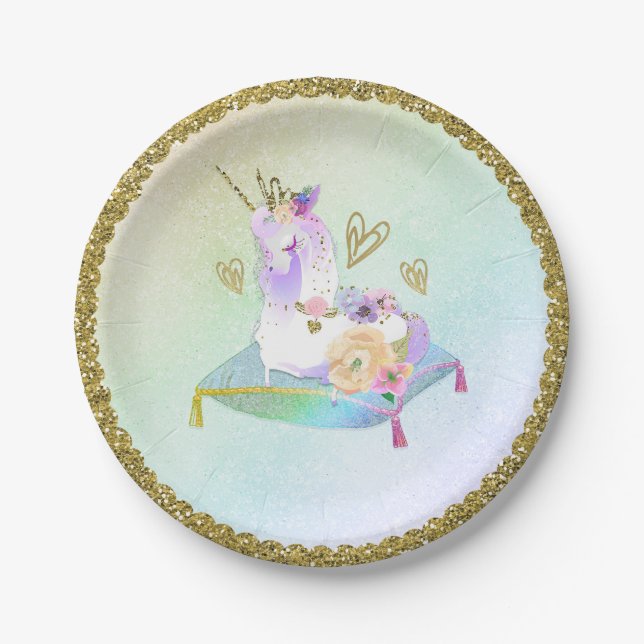 Unicorn Princess Iridescent Rainbow Pastel Party Paper Plate (Front)