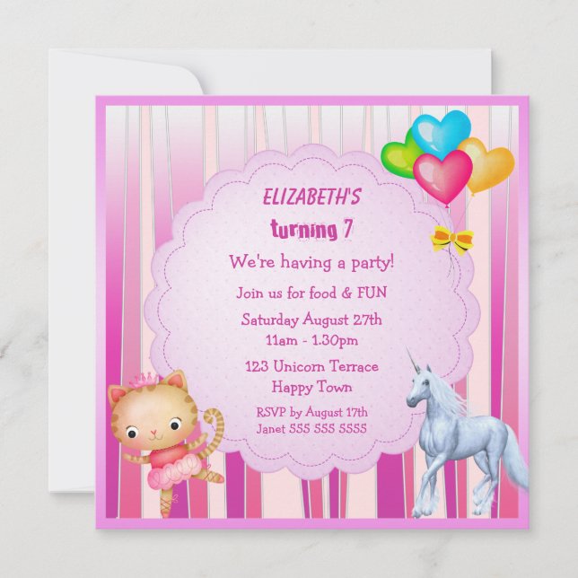 Unicorn, Princess Kitty & Balloons Party Invites (Front)