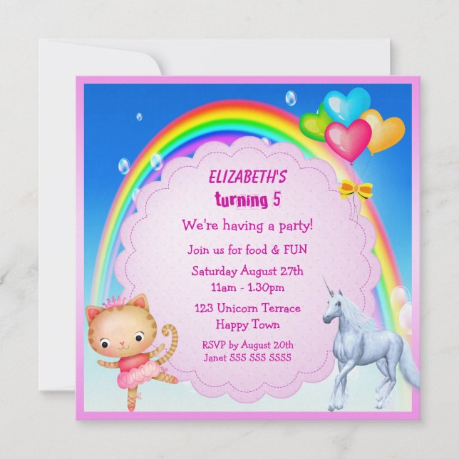 Unicorn, Princess Kitty & Rainbow Party Invites (Front)