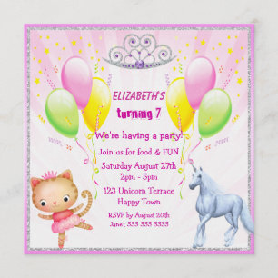 Unicorn, Princess Kitty, Tiara & Balloons Invites