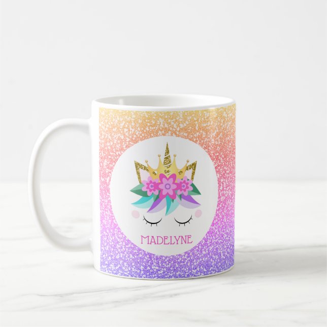 Unicorn Princess Rainbow Glitter Personalized Name Coffee Mug (Left)