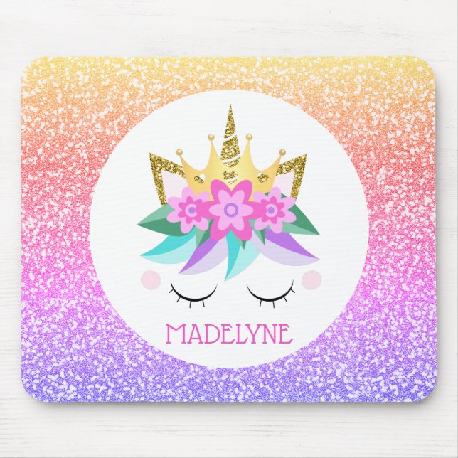 Unicorn Princess Rainbow Glitter Personalized Name Mouse Pad (Front)