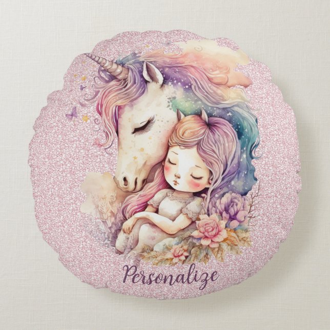 Unicorn Princess Sleep in Flowers Pink Glitter Round Pillow (Front)
