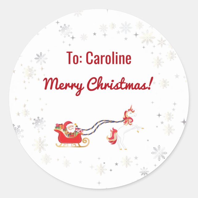 Unicorn Pulling Santa's Sleigh Name Merry Xmas Classic Round Sticker (Front)