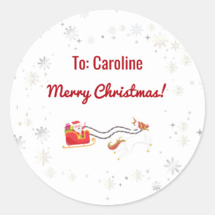 Unicorn Pulling Santa's Sleigh Name Merry Xmas Classic Round Sticker