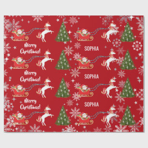 Unicorn Pulling Santa's Sleigh Snow Personalized  Wrapping Paper