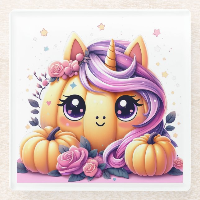 Unicorn pumpkin 01 glass coaster (Front)