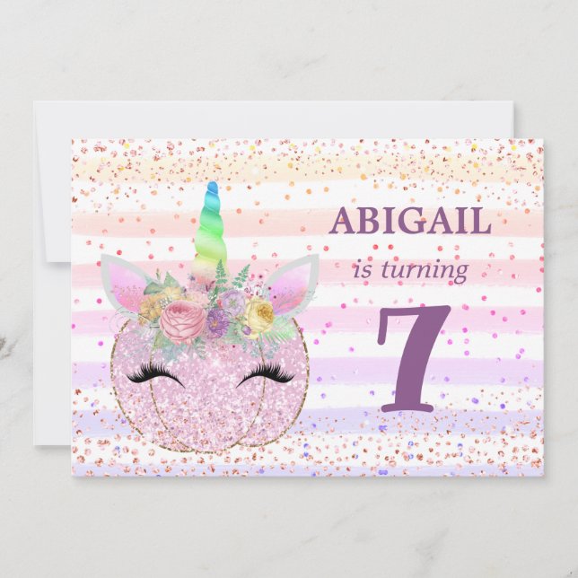 Unicorn Pumpkin Girls 7th Birthday Invitation (Front)