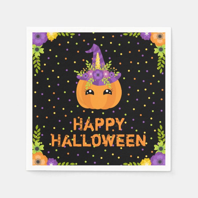 Unicorn Pumpkin Happy Halloween Black Napkins (Front)