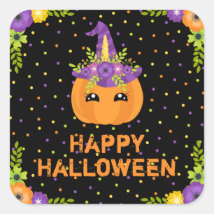 Unicorn Pumpkin Happy Halloween Black Square Stick Sticker