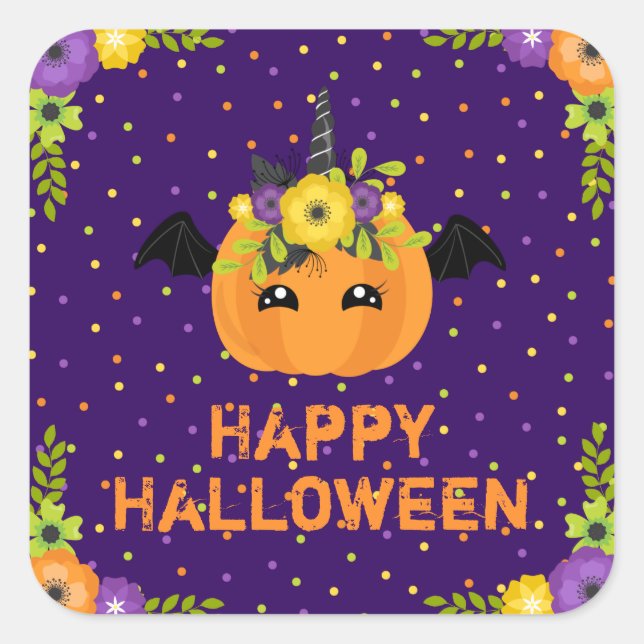 Unicorn Pumpkin Happy Halloween Purple Square Stic Square Sticker (Front)