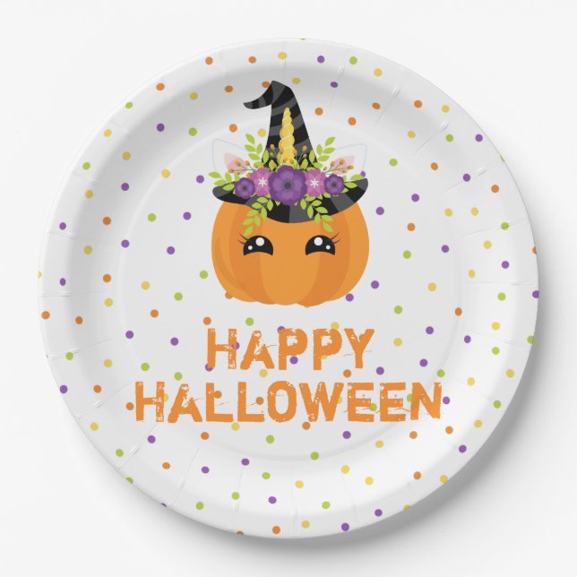 Unicorn Pumpkin Happy Halloween White Paper Plates (Front)