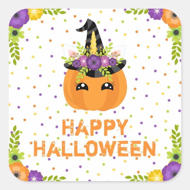 Unicorn Pumpkin Happy Halloween White Square Stick Square Sticker (Front)