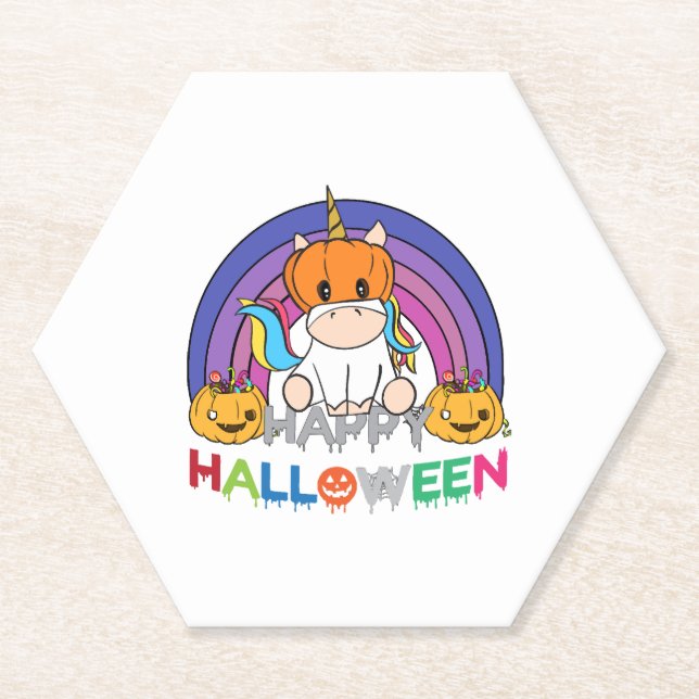 Unicorn Pumpkin Head For Halloween Paper Coaster (Front)