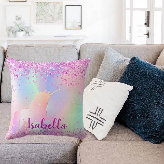 Unicorn purple blush pink glitter name script throw pillow (Creator Uploaded)
