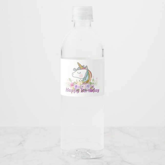 unicorn, purple floral, water bottle label (Front)