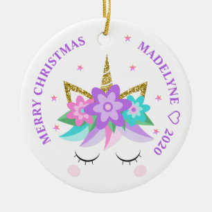 Unicorn Purple Flowers Glitter Personalized Name Ceramic Ornament