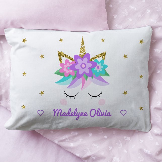 Unicorn Purple Flowers Glitter Stars Personalized Pillowcase (Creator Uploaded)
