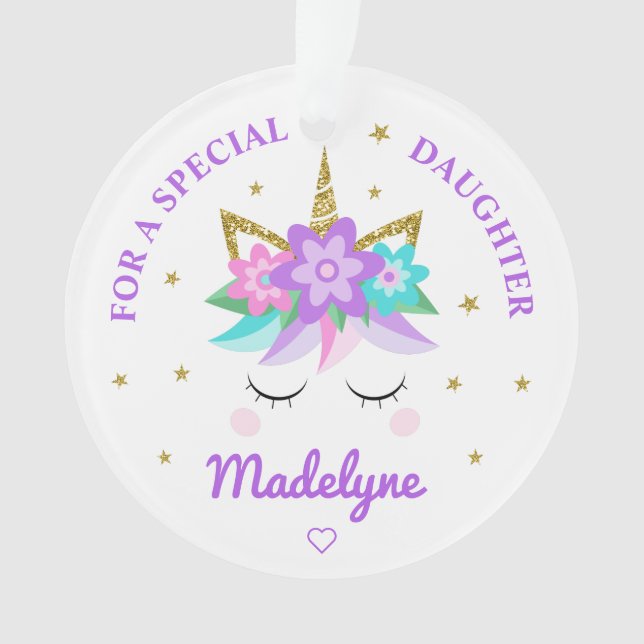 Unicorn Purple Flowers Stars Daughter Ornament (Front)