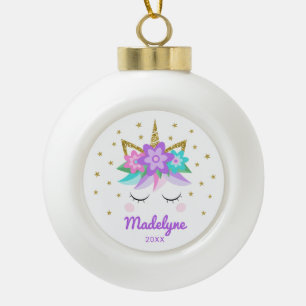Unicorn Purple Flowers Stars Personalized Name Ceramic Ball Christmas Ornament