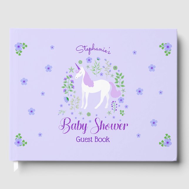 Unicorn Purple Glitter Personalized Baby Shower Guest Book (Front)