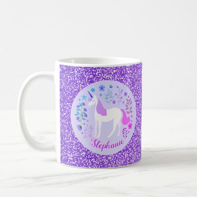 Unicorn Purple Glitter Personalized Name Coffee Mug (Left)