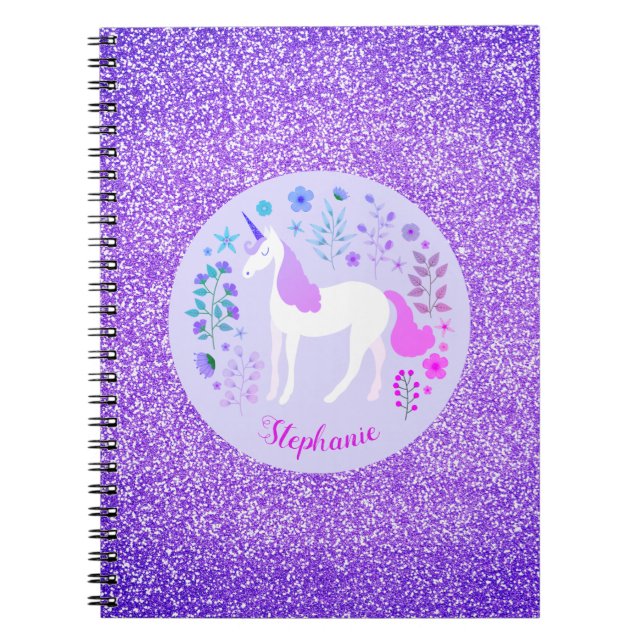 Unicorn Purple Glitter Personalized Name Notebook (Front)