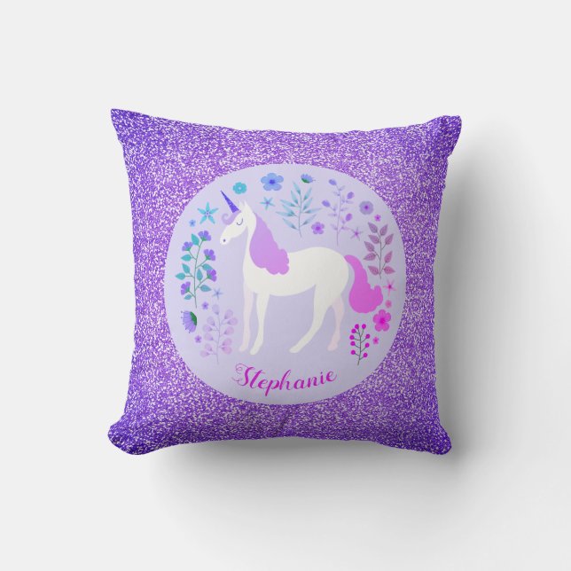Unicorn Purple Glitter Personalized Name Throw Pillow (Front)
