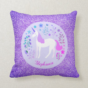Unicorn Purple Glitter Personalized Name Throw Pillow