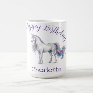unicorn purple maron happy birthday kids name cute coffee mug