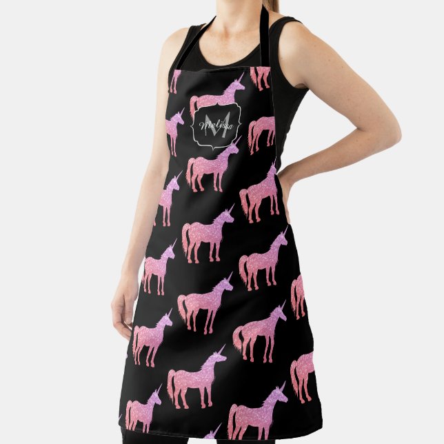 Unicorn purple pink blush Sparkle pattern Monogram Apron (Insitu)
