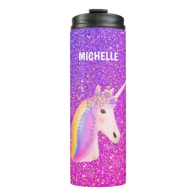 Unicorn Purple Pink Glitter Personalized Thermal Tumbler (Front)