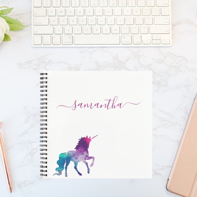 Unicorn purple pink white monogram script notebook (Creator Uploaded)