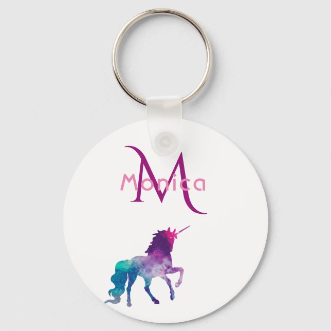 Unicorn purple pink white monogrammed keychain (Front)