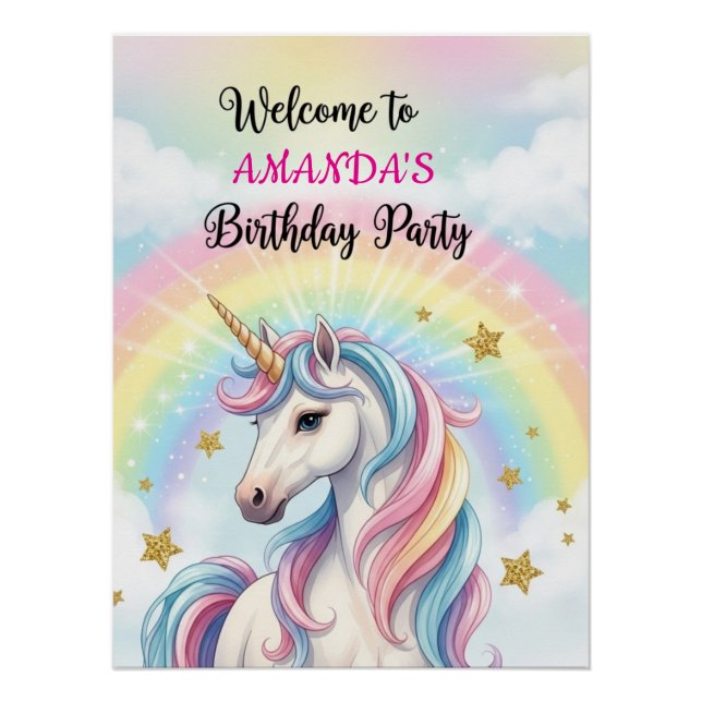 Unicorn Rainbow 1st Birthday Party Welcome Poster (Front)