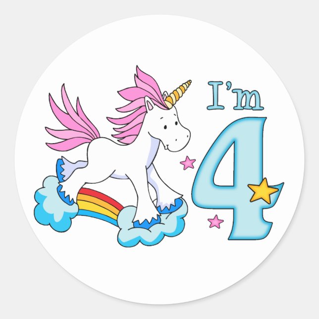 Unicorn Rainbow 4th Birthday Classic Round Sticker (Front)