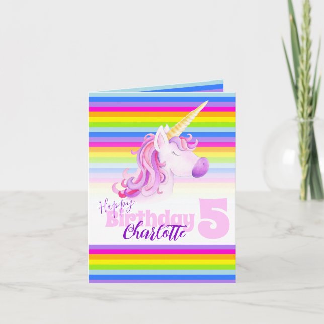 Unicorn rainbow 5th Birthday card (Front)