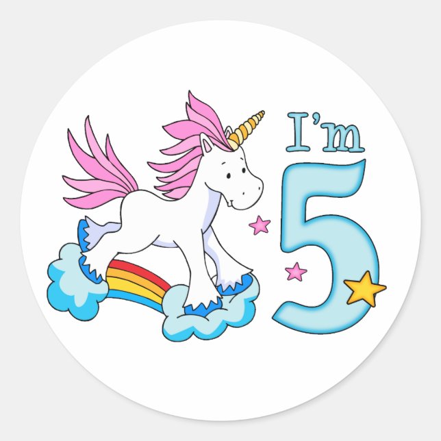 Unicorn Rainbow 5th Birthday Classic Round Sticker (Front)
