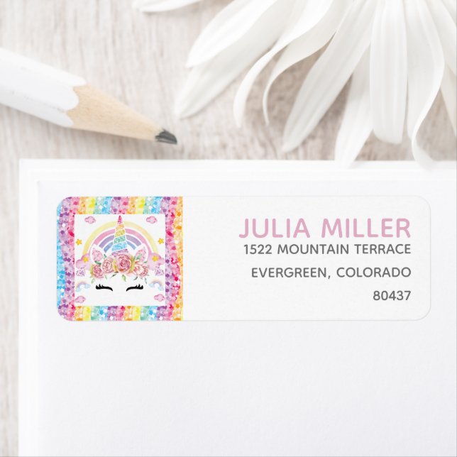 Unicorn Rainbow Adresse d'anniversaire personnalis (En situation)