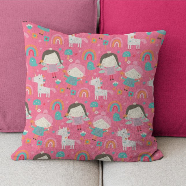 Unicorn Rainbow And Faerie Coordinating Pattern Throw Pillow (Unicorn Rainbow And Faerie Coordinating Pattern Throw Pillow by Ricaso. Pretty pink childs pillow)